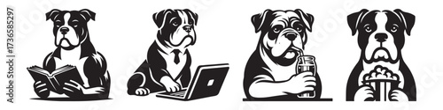 Modern Minimalist American Bulldog Reading Book Icon, Flat Silhouette of a Smart Pet Animal Vector for Education Illustration Design