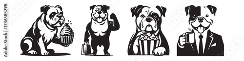 Modern Minimalist American Bulldog Holding Cake Icon, Flat Silhouette of a Cute Pet Animal Vector for Celebration Illustration Design
