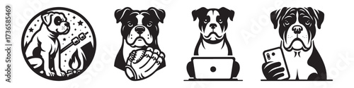 Modern Minimalist American Bulldog Camping Icon, Flat Silhouette of a Pet Animal Vector for Outdoor Illustration Design