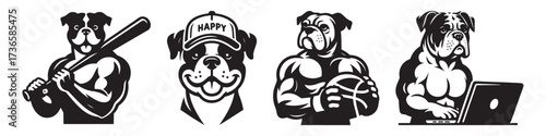 Modern Minimalist American Bulldog With Baseball Stick Icon, Flat Silhouette of a Sports Pet Animal Vector for Athletic Illustration Design