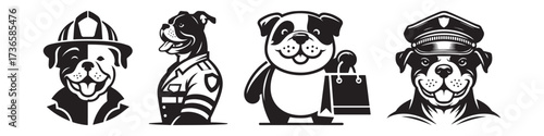 Modern Minimalist American Bulldog With Firefighter Helmet Icon, Flat Silhouette of a Brave Pet Animal Vector for Rescue Illustration Design
