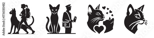 Modern Minimalist Abyssinian Cat Care And Love Icon, Flat Silhouette of a Pets Animal Vector for Pet Lover Illustration Design