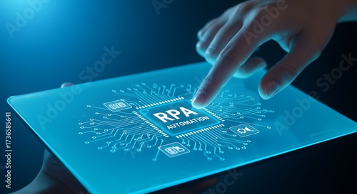 Revolutionizing workflow with RPA automation solutions on a sleek futuristic tablet, perfect for illustrating modern business transformation and efficiency gains