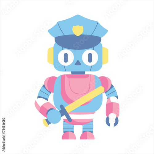 Illustration of a robotic character wearing a police hat and holding a sword, standing in a neutral white space