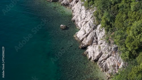 4K drone footage of Kacjak peninsula near Crikvenica and Dramalj, flying over turquoise Adriatic Sea, beaches, cliffs, and stunning coastal landscape.
