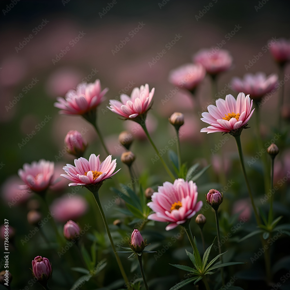 Fototapeta premium Delicate pink daisy flowers bloom softly in a sunlit garden with a blurred background