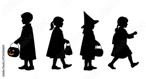 Set of trick-or-treating children silhouettes in Halloween costumes.
