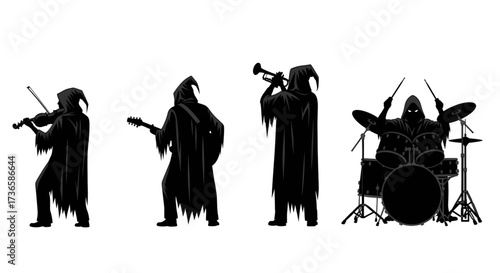 Silhouette of a grim reaper rock band playing musical instruments.
