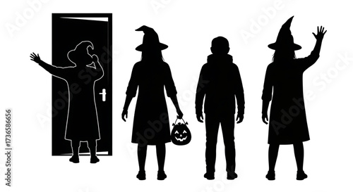 Set of silhouettes showing children in Halloween costumes trick-or-treating at a door.
