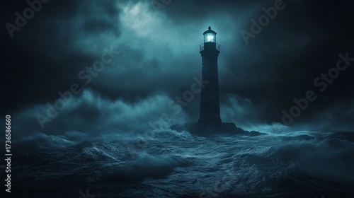 A lonely lighthouse standing tall in the middle of a stormy sea at night, dramatic lighting