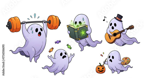 Set of cute ghost characters with different hobbies like painting and weightlifting.
