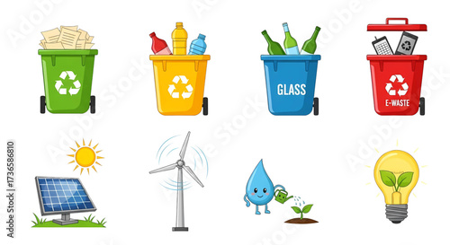 Set of cute ecology icons for recycling and renewable energy concepts.
