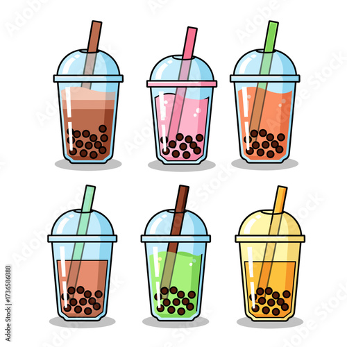 Group of refreshing bubble tea drinks in assorted colors, sweet bubble tea drinks are in plastic cups with straws. Drinks concept bubble tea for refreshing summer beverage,