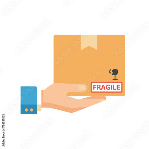 Hand holding fragile package with cardboard box for safe delivery. Fragile package being carefully delivered, with safety as a priority, safeguarding sensitive items during transit.