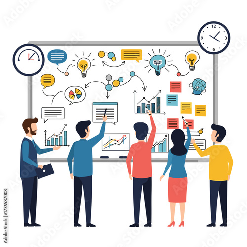 Team brainstorming session on whiteboard with clock, meter, and lightbulbs, where coworkers create visual representation of ideas.