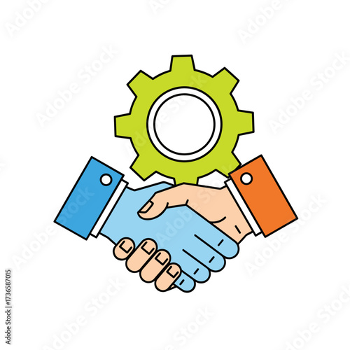 Business partnership illustration depicting successful collaboration and mutual trust. Business partnership shows handshake with gear, symbolizing teamwork, progress, and business development.