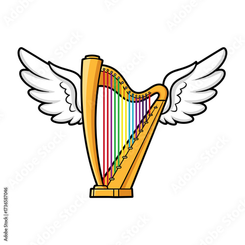 Cartoon harp with wings displays musical creativity and imagination. Cartoon harp's design showcases creativity, featuring vibrant rainbow strings and elegant white wings.