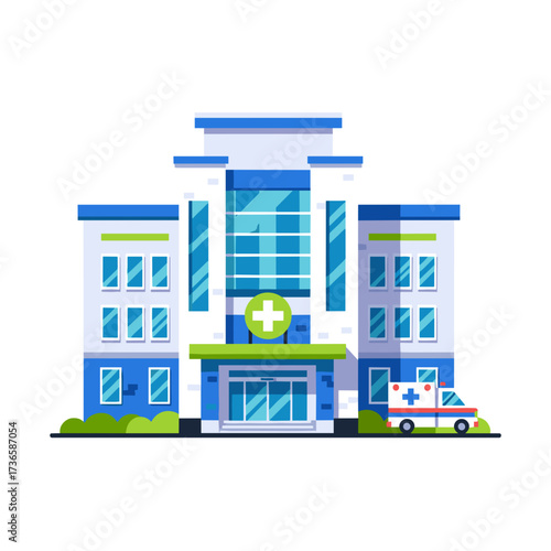 Hospital building exterior with an ambulance parked near its entrance. Hospital building showing its blue and white facade under daylight, with an ambulance ready to provide medical service.