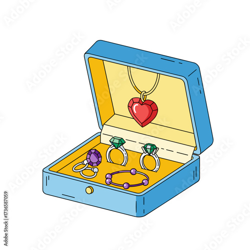 Jewelry box with rings, pendant and bracelet, complete set of jewelry. Jewelry box is full of luxurious items made from silver and gems. Present of jewelry box can be used for a Valentine's Day gift,