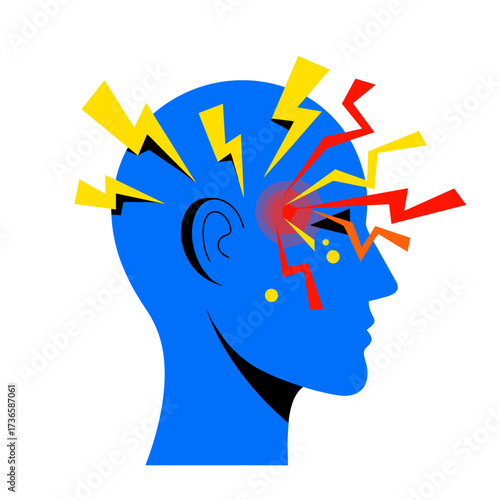 Headache illustration represents throbbing pain and discomfort in bright colors. A severe headache illustration depicts debilitating symptoms and visual disturbances.