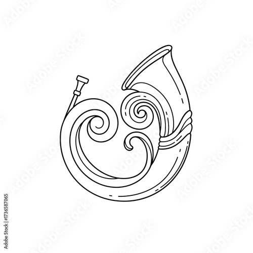 Line art illustration with simple hunting horn image. Hunting horn represents antiquity and history, creating vintage hunting horn picture.