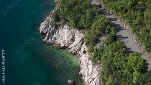 4K drone footage of Kacjak peninsula near Crikvenica and Dramalj, flying over turquoise Adriatic Sea, beaches, cliffs, and stunning coastal landscape.