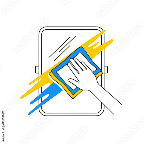 Cleaning service illustration shows a hand wiping mirror with cloth, creating a streak of yellow and blue. Cleaning service provides neatness and hygiene, essential for healthy living.