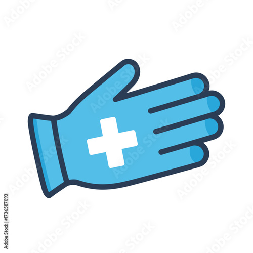 Medical glove for protection during surgery and medical procedures. Medical glove, blue in color, with white cross, indicating sterility and safety.