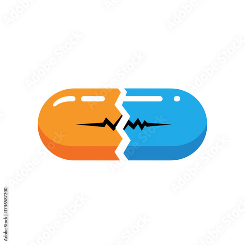 Broken pill flat icon with graphic rhythm line. Broken pill as treatment concept, medicine split into two halfs symbolizing cure or end of illness.