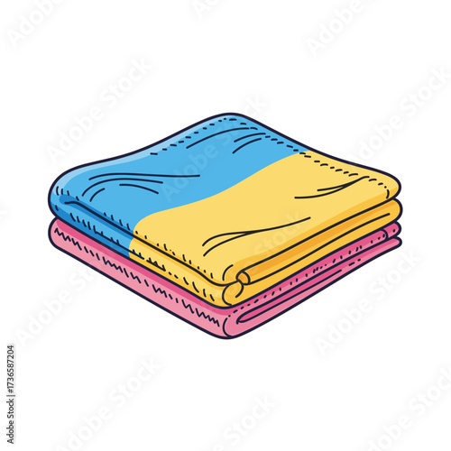 Folded towel or washcloth in blue, yellow, and pink isolated on white. Several layered folded towel offer soft texture and clean aesthetic. Use this folded towel in bathroom decor mockups,
