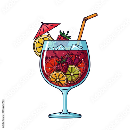 Refreshing sangria with ice and fruits, prepared in glass with straw and umbrella decoration. Garnished sangria with sliced orange, lime and fresh strawberries.