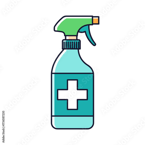 Isolated sanitizer bottle with cross symbol on light background. Sanitizer bottle contains antiseptic, handwash for antibacterial disinfection. Sanitizer bottle, a symbol of health and hygiene,