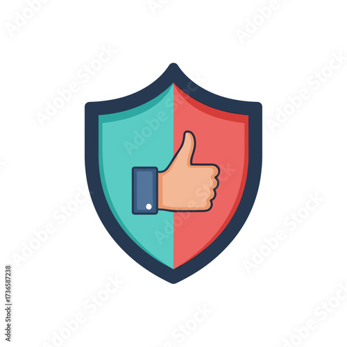 Shield icon shows approval sign over white. This shield icon represents digital security, with cartoon hand and thumb up symbol. Use shield icon for trusted protection online,