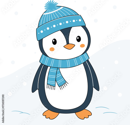 Vector art of cute cartoon penguin wearing a blue knitted hat and scarf, standing in the snow