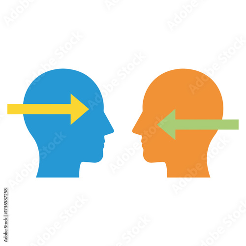 Communication concept shown with two heads exchanging information, conveying transfer of ideas and knowledge through arrows. Illustrative communication concept promotes mutual understanding,