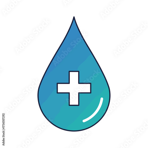 Symbolic drop containing a plus sign suggesting Health symbol, medicine, and medical care. Medical health is depicted with a droplet containing a plus sign inside for medical care.