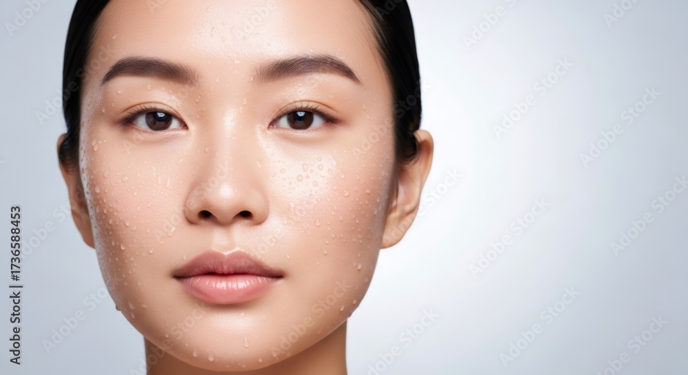 Obraz premium Close up of a healthy asian woman face with clear skin and water drops, representing hydrating skincare and natural beauty for cosmetic advertising.