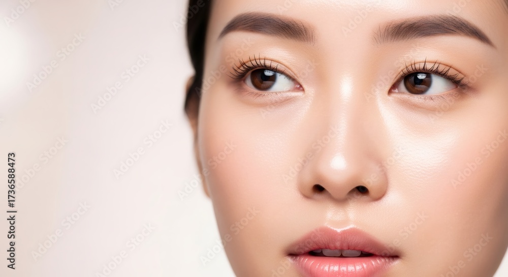 Fototapeta premium Woman's face with clean, healthy skin. Closeup of beautiful Asian girl with natural makeup looking right. Beauty, cosmetic, skincare concept.
