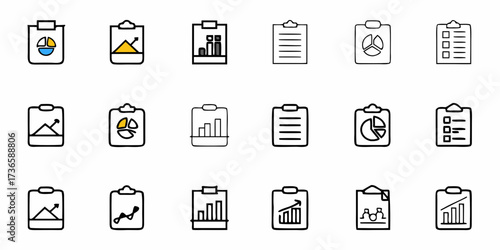Hand-Drawn Clipboards with Charts and Graphs for Business Reports, Data Analysis, and Project Planning, Ideal for Presentations and Infographics, Simple and Scalable