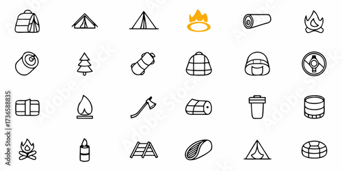 Essential camping icons showcasing outdoor adventure equipment, perfect for travel blogs, nature guides, and outdoor gear promotions, evoking exploration and adventure