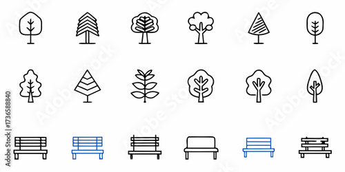 Diverse trees and park benches outlined for urban planning and landscape design, suitable for maps, guides, and recreational concepts with a clean, modern aesthetic