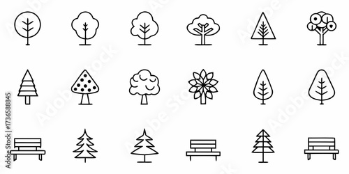 Whimsical line art showcasing diverse tree and bench icons, perfect for logos, environmental graphics, and nature-themed designs with a clean, modern aesthetic