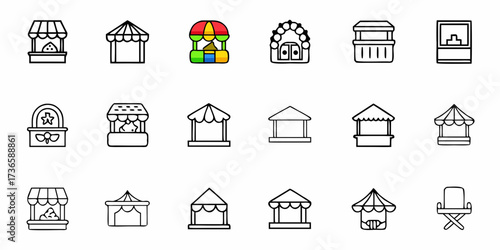 Delightful market stall icons create a charming atmosphere, perfect for a summer festival or local farmers market, embodying community spirit and local charm