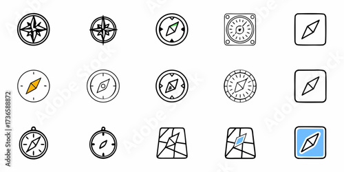 Explore with confidence using these compass icons perfect for maps and navigation apps, ideal for travel and adventure projects, find your way with these vector graphics