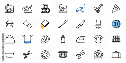 Delightful collection of sewing, tailoring, and crafting icons in a clean, modern style that's perfect for hobbyists and design projects alike with timeless appeal