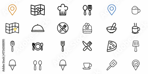Explore local dining, find restaurants and cafes near you with this modern icon set, perfect for food apps, travel guides, and culinary blogs, originally vector graphics