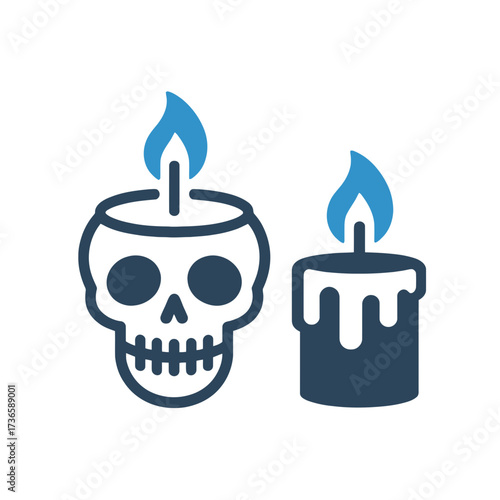 Illustration of a skull shaped candle and a regular candle with blue flames lit up