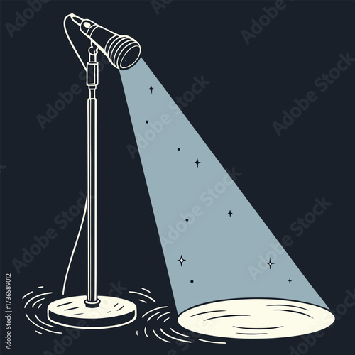 Spotlight on a vintage microphone on a stand retro microphone