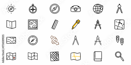 Plan Your Adventure with Hand-Drawn Travel Icons Featuring Compasses, Maps, and Navigation Tools Ready for Exploration and Discovering New Destinations