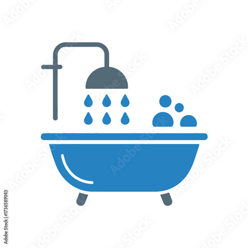 Illustration of a blue bathtub with bubbles and a shower head with water droplets
